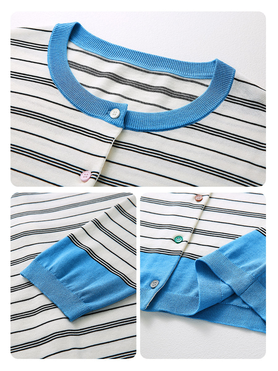 COMOBOCA Women's Striped Color Block Button Front Cardigan