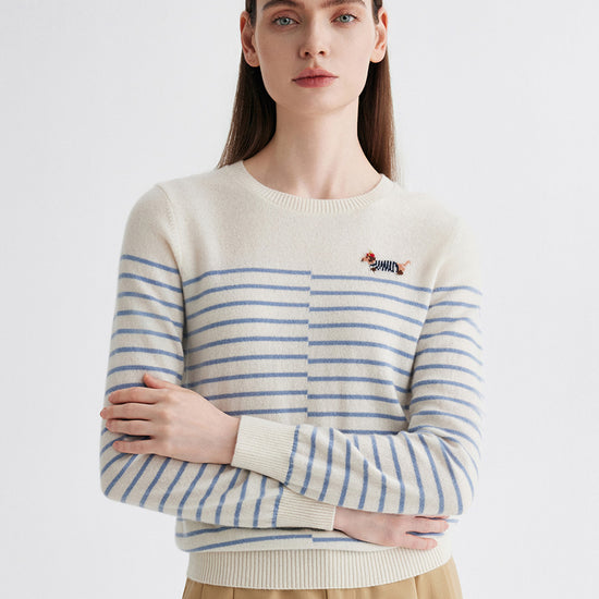 COMOBOCA 100% Cashmere Women's Striped Round Neck Sweater