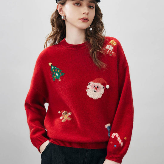 COMOBOCA Women's Wool Christmas Themed Round Neck Sweater