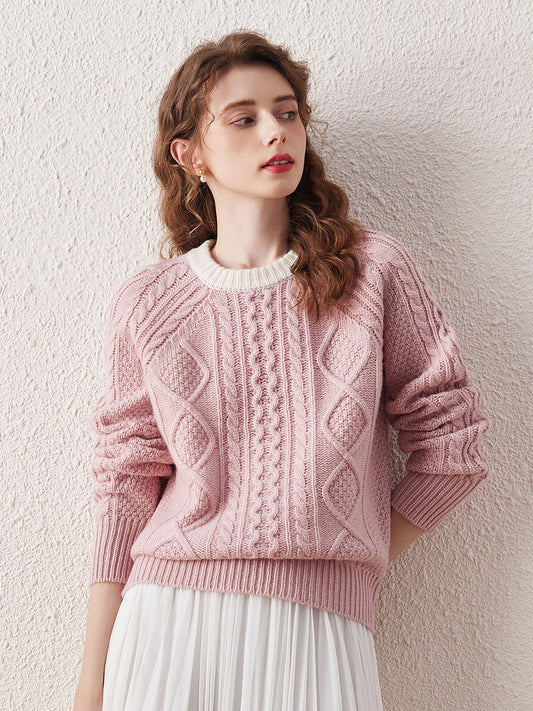 COMOBOCA 100% Wool Women's Contrast Color Cable Knit Sweater