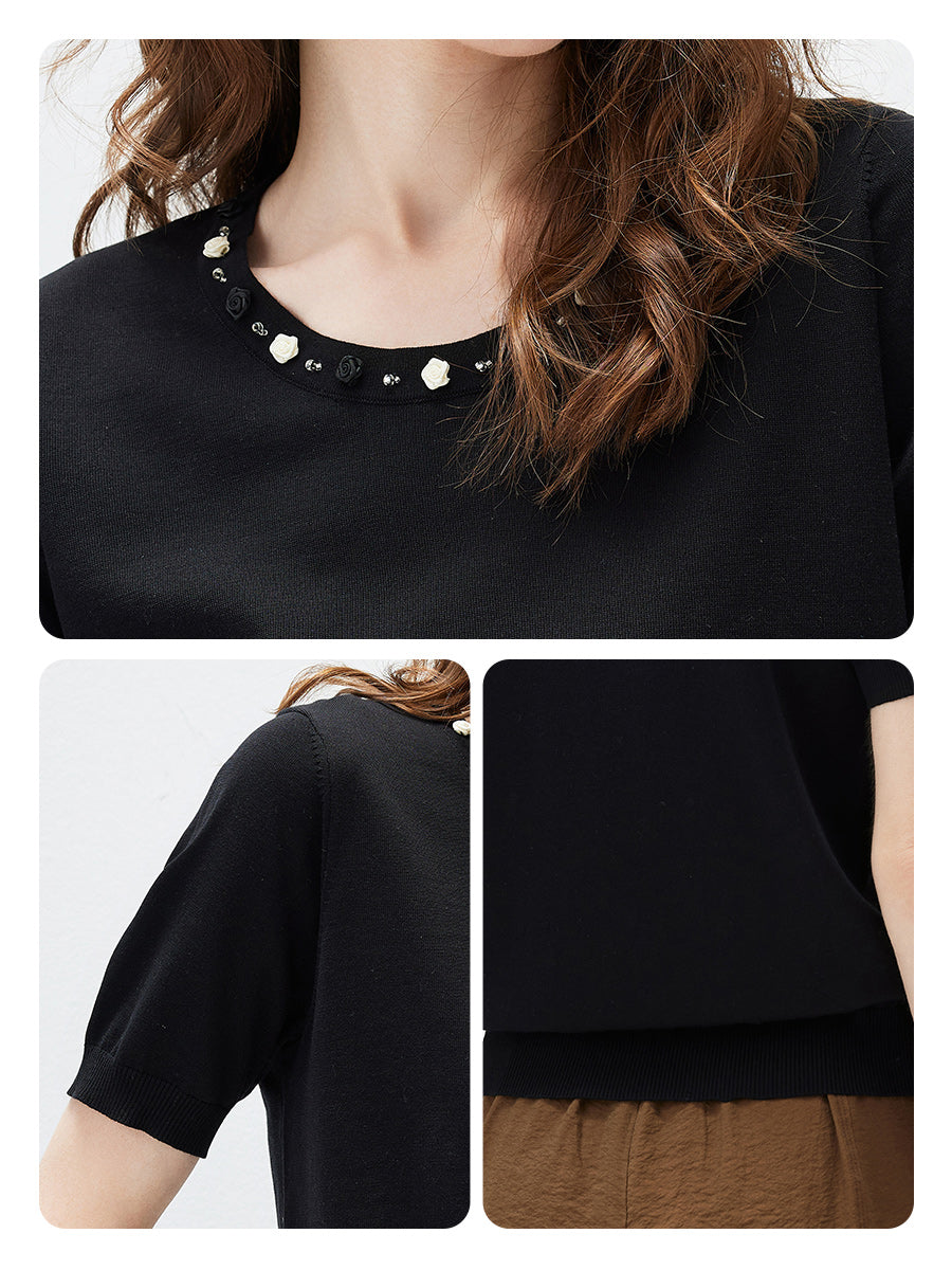 COMOBOCA Women's Rhinestone Trim Knit T-Shirt