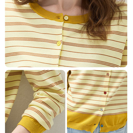 COMOBOCA Women's Striped Color Block Button Front Cardigan