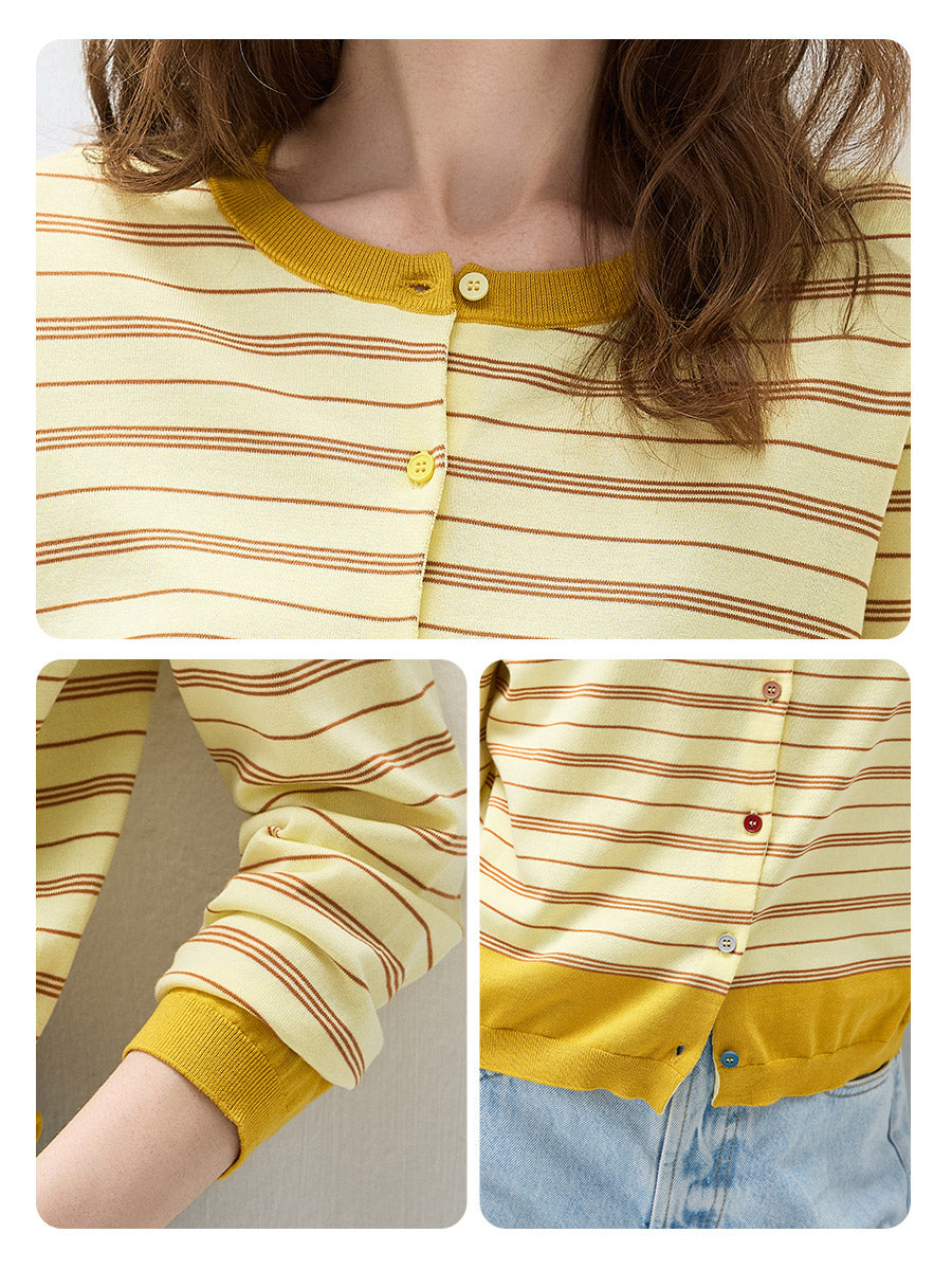 COMOBOCA Women's Striped Color Block Button Front Cardigan