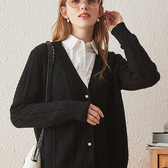 COMOBOCA 100% Cashmere Women's V-Neck Cable Knit Cardigan