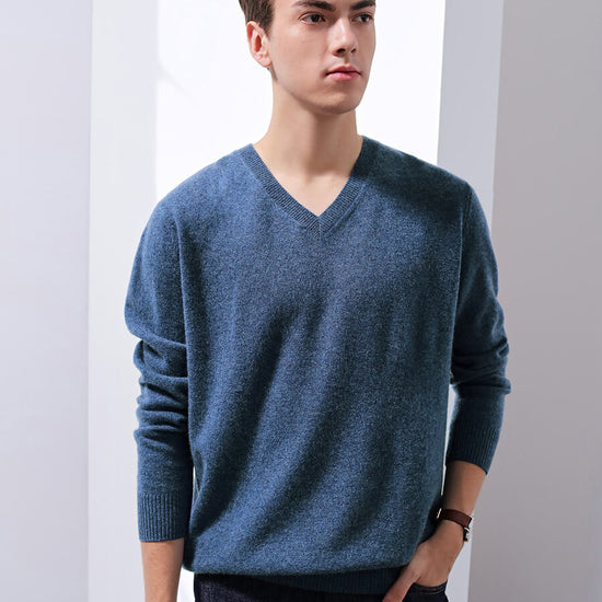 COMOBOCA LIGHT BLUE 100% Cashmere Men's V-Neck Sweater
