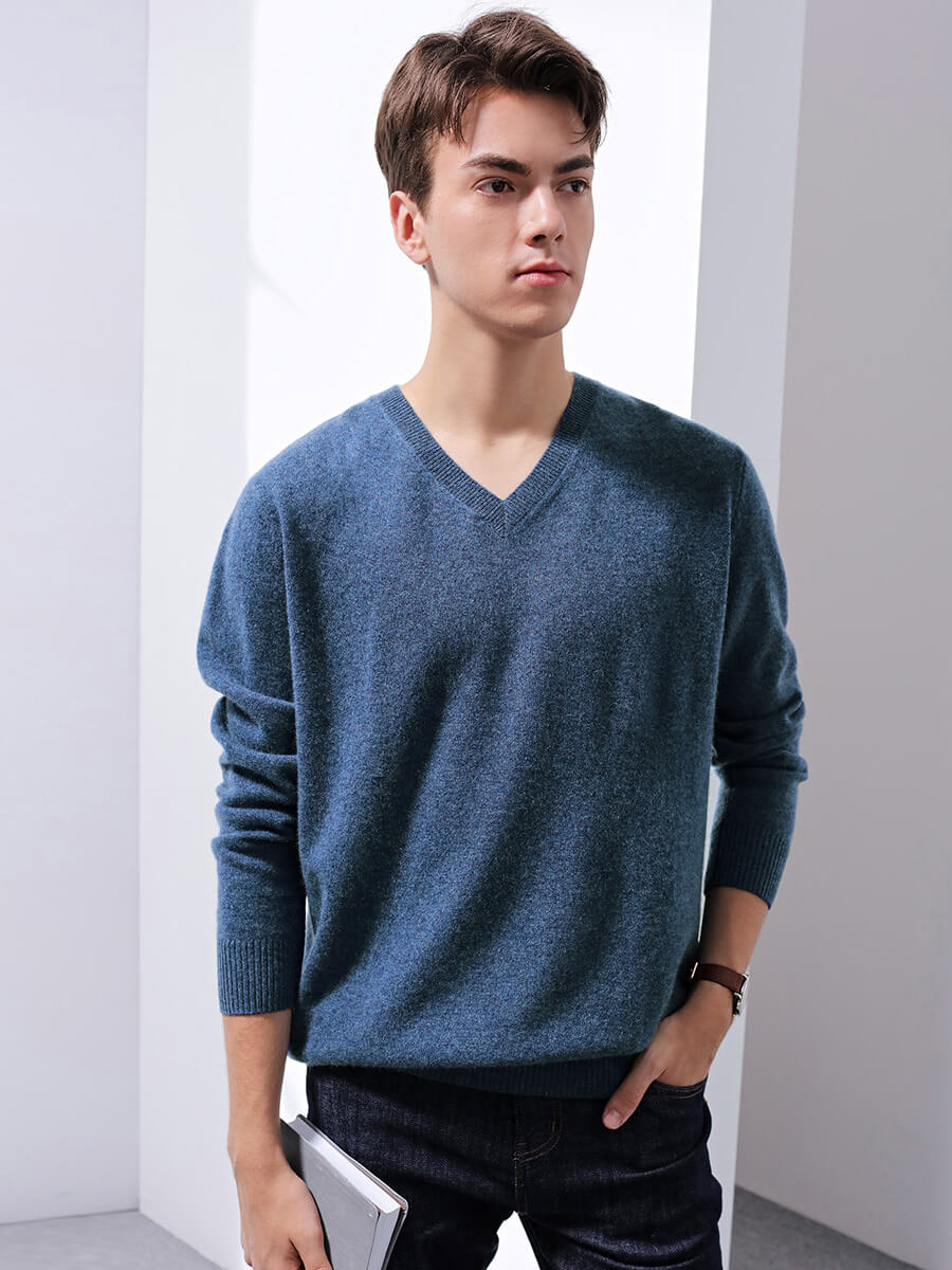 COMOBOCA LIGHT BLUE 100% Cashmere Men's V-Neck Sweater