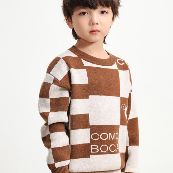 COMOBOCA BROWN 100% Wool Kids' Color Block Round Neck Sweater