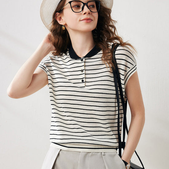 COMOBOCA White Women's Cotton Silk Striped Knit Polo Shirt