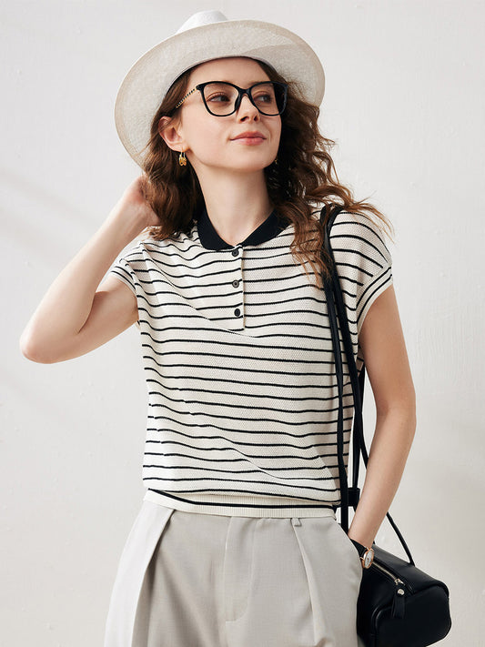 COMOBOCA White Women's Cotton Silk Striped Knit Polo Shirt