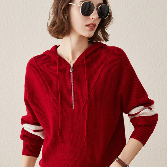 COMOBOCA Red 100% Cashmere Women's Half Zip Sweater Knit Hoodie