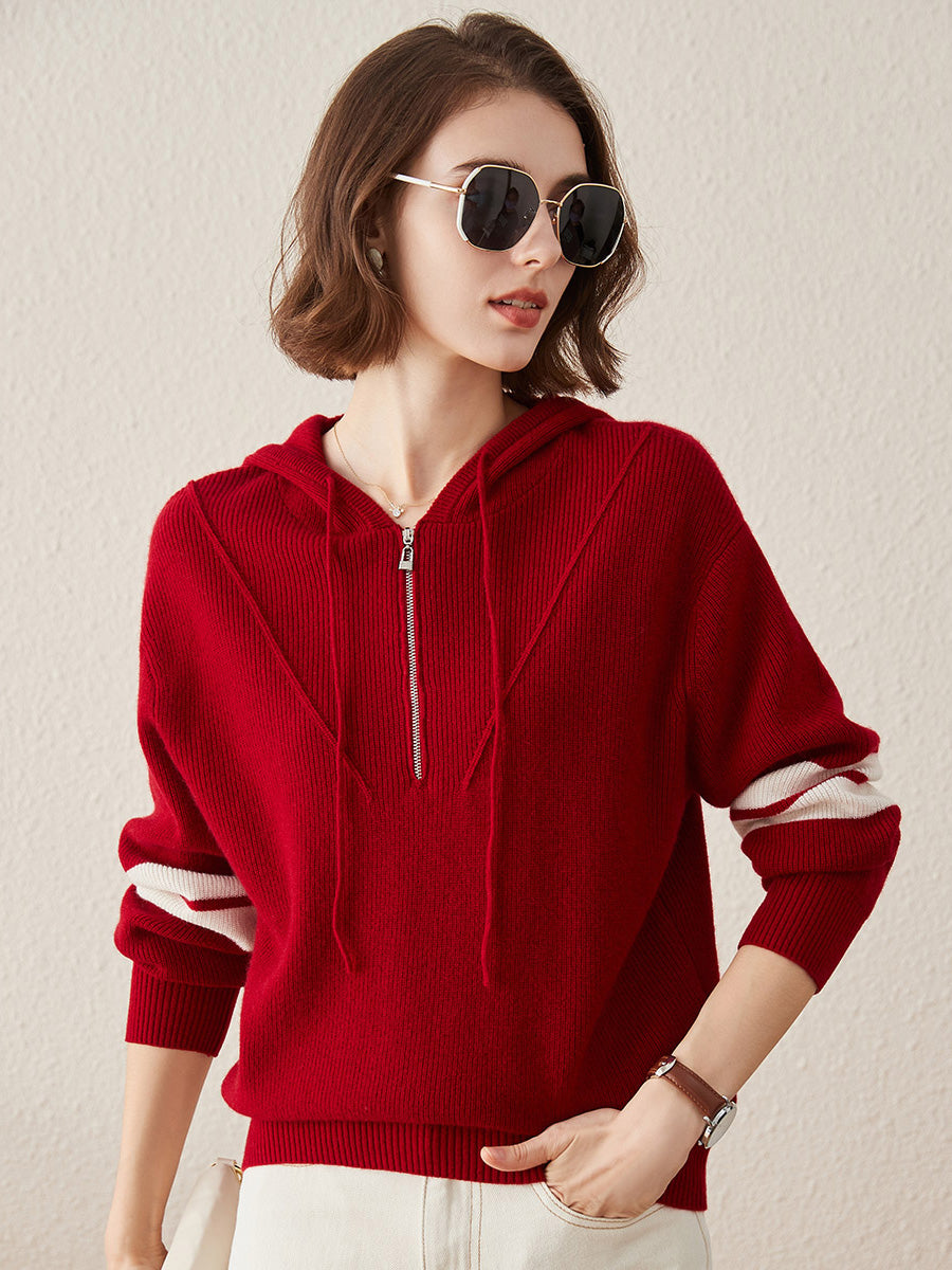 COMOBOCA Red 100% Cashmere Women's Half Zip Sweater Knit Hoodie