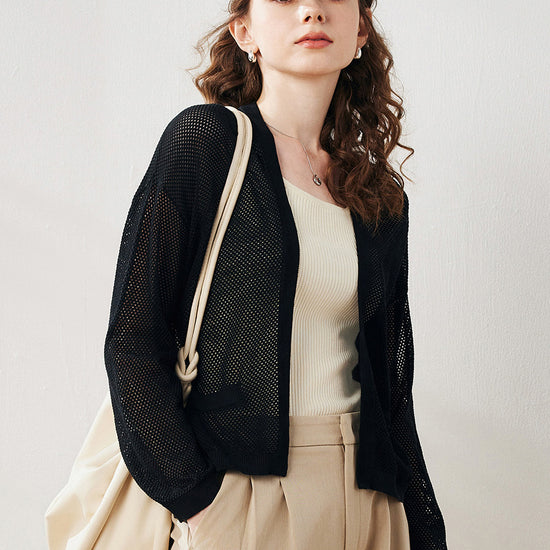 COMOBOCA Women's Open Front Mesh Knit Cardigan