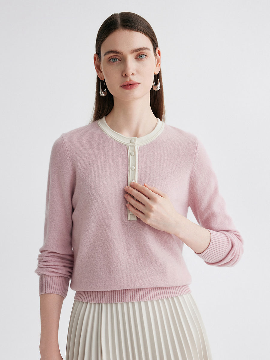 COMOBOCA 100% Cashmere Women's Contrast Trim Button Front Sweater