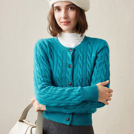 COMOBOCA Turquoise 100% Cashmere Women's Cable Knit Button Cardigan