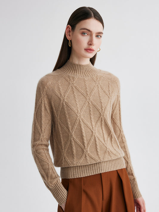 COMOBOCA 100% Cashmere Women's Cable Knit Mock Neck Sweater