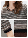 Women's  Round Neck Jacquard Linen Knit Short Sleeve Top
