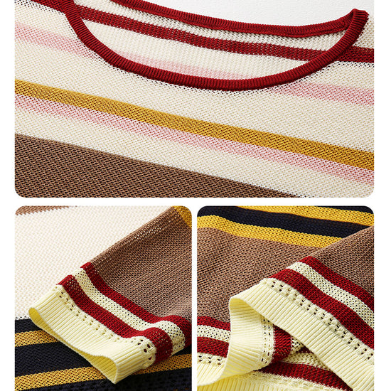 COMOBOCA Women's Multi Striped Mesh Knit Round Neck Sweater