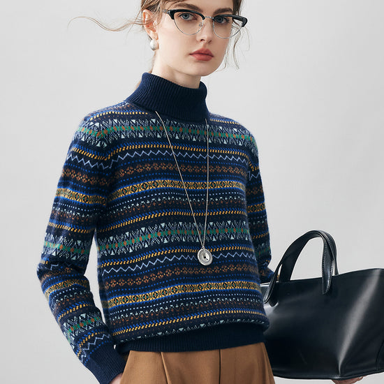 COMOBOCA 100% Cashmere Women's Fair Isle Turtleneck Sweater