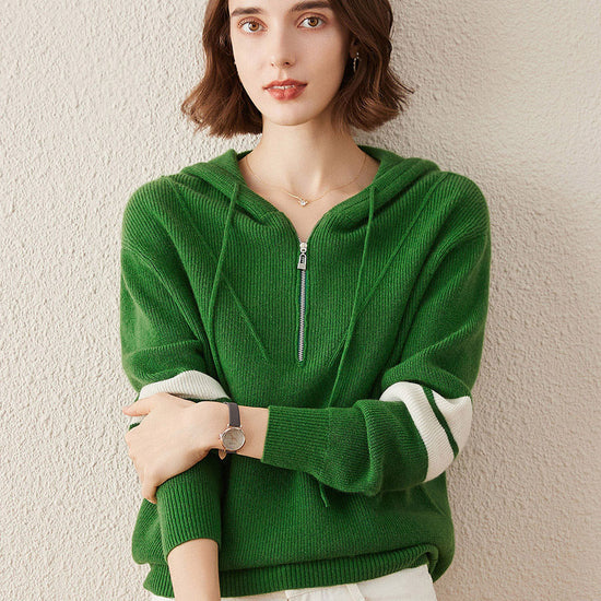 COMOBOCA XL Green 100% Cashmere Women's Half Zip Sweater Knit Hoodie