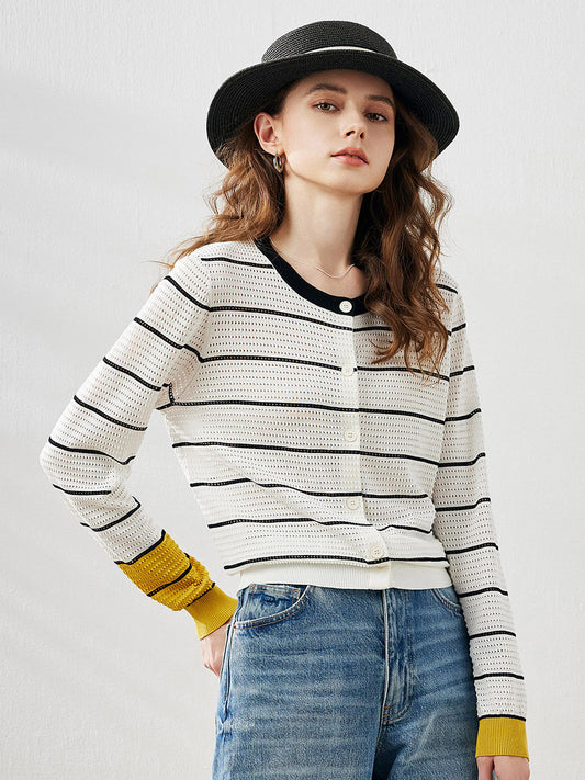 COMOBOCA Cloudy Women's Striped Ribbed Button Down Cardigan