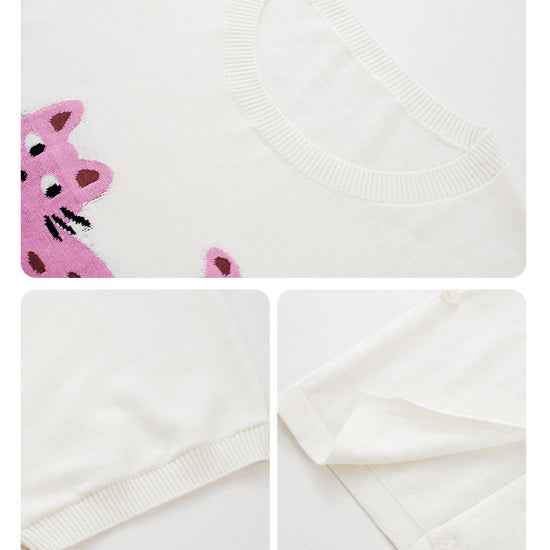 COMOBOCA Women's Leopard Cat Embroidered Knit T-Shirt
