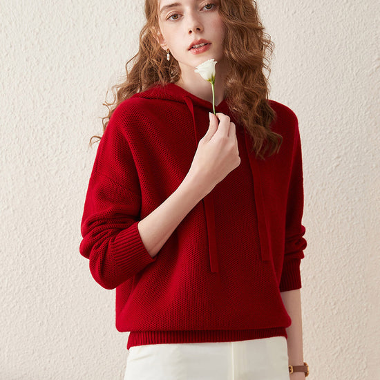 COMOBOCA Red 100% Wool Women's Sweater Casual Knit Hoodie
