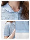 Women's Silk-Cotton Blend Peter Pan Collar Pointelle Knit Short Sleeve Top