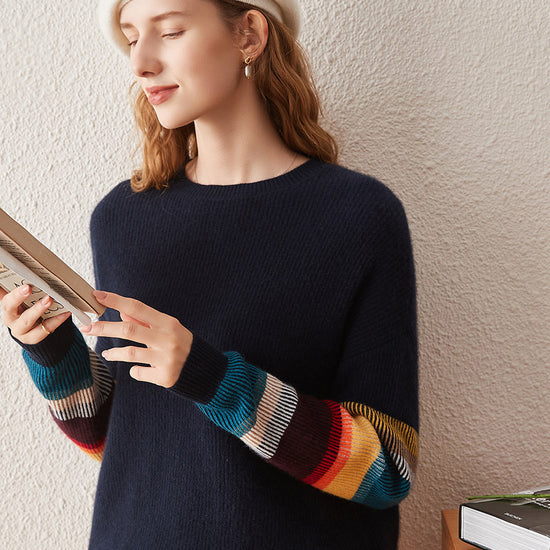 COMOBOCA 100% Cashmere Women's Striped Round Neck Sweater