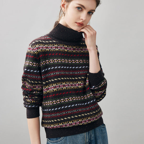 COMOBOCA 100% Cashmere Women's Fair Isle Turtleneck Sweater