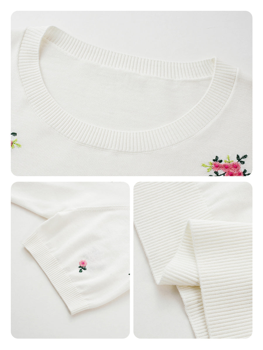 COMOBOCA Women's Floral Embroidery Knit T-Shirt