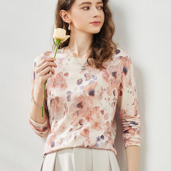 COMOBOCA Women's Floral Round Neck Sweater