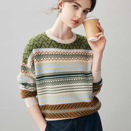 COMOBOCA 100% Cashmere Women's Fair Isle Round Neck Sweater