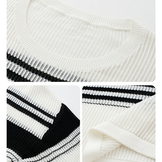 COMOBOCA Women's Asymmetric Stripe Mesh Knit Round Neck Sweater