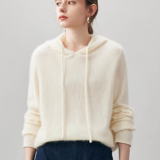 COMOBOCA White Women's Wool Fuzzy Hooded Sweater