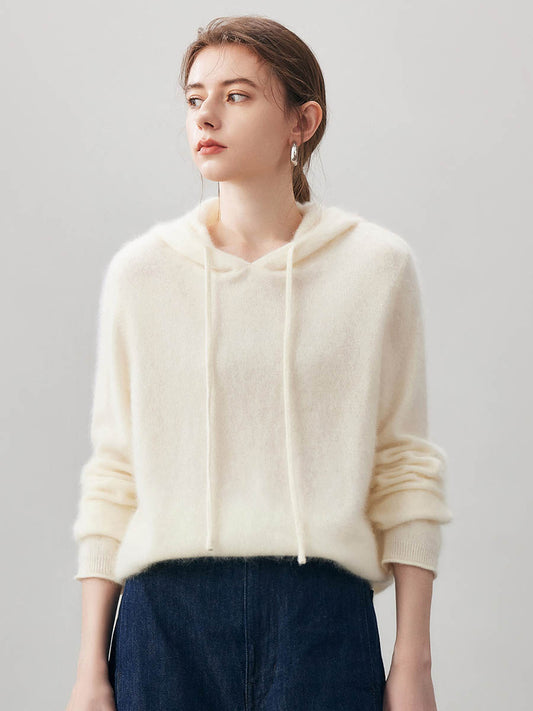 COMOBOCA White Women's Wool Fuzzy Hooded Sweater