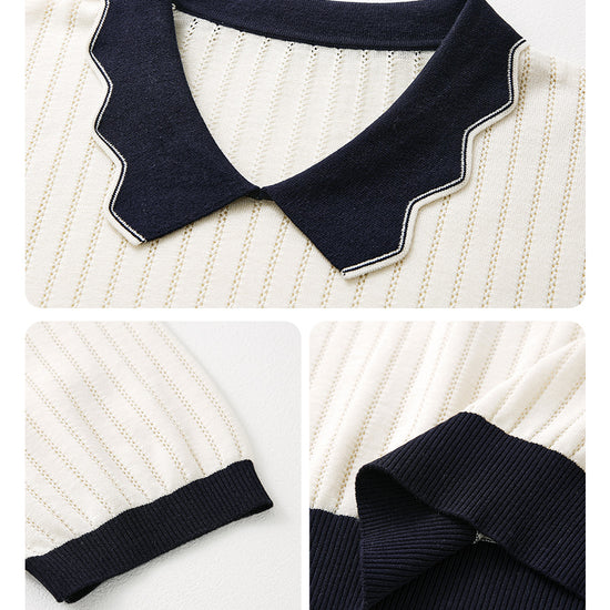 COMOBOCA Women's Scalloped Contrast Collar Openwork Knit Sweater