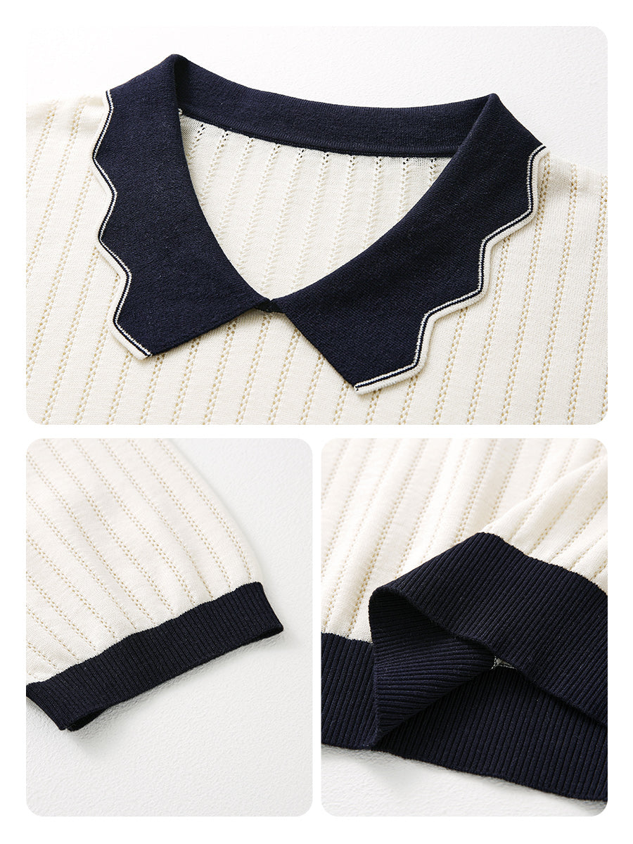 COMOBOCA Women's Scalloped Contrast Collar Openwork Knit Sweater