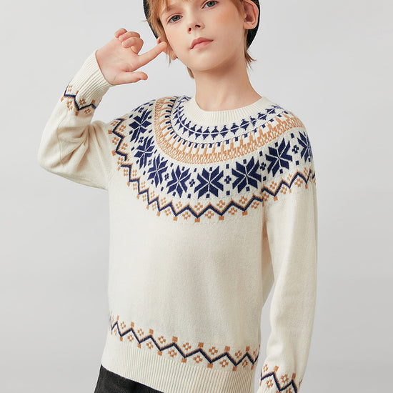 COMOBOCA 100% Wool Kids' Fair Isle Snowflake Round Neck Sweater