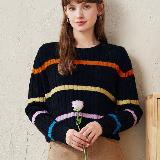 COMOBOCA 100% Wool Women's Colorful Striped Cable Knit Sweater
