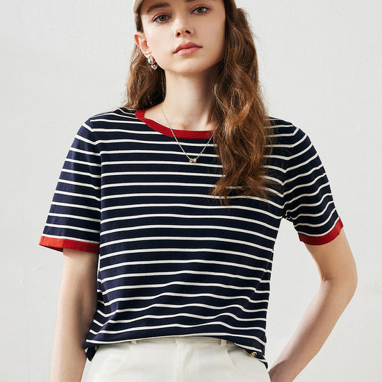 COMOBOCA Black Women's Striped Ribbed Contrast Trim T-Shirt