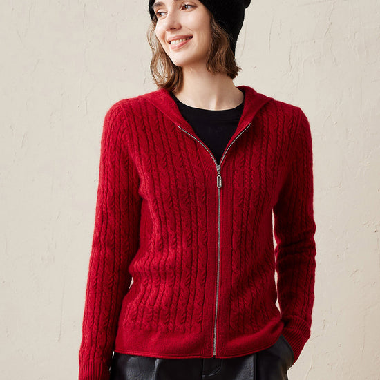 COMOBOCA Red 100% Cashmere Women's Cardigan Cable Knit Hoodie