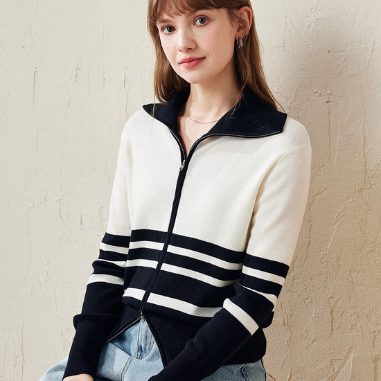 COMOBOCA Striped 100% Wool Women's Striped Zip-Up Cardigan