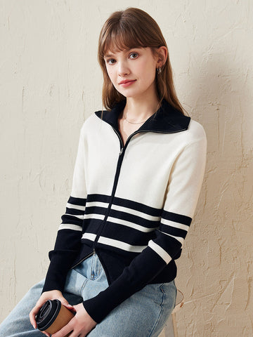 COMOBOCA Striped 100% Wool Women's Striped Zip-Up Cardigan