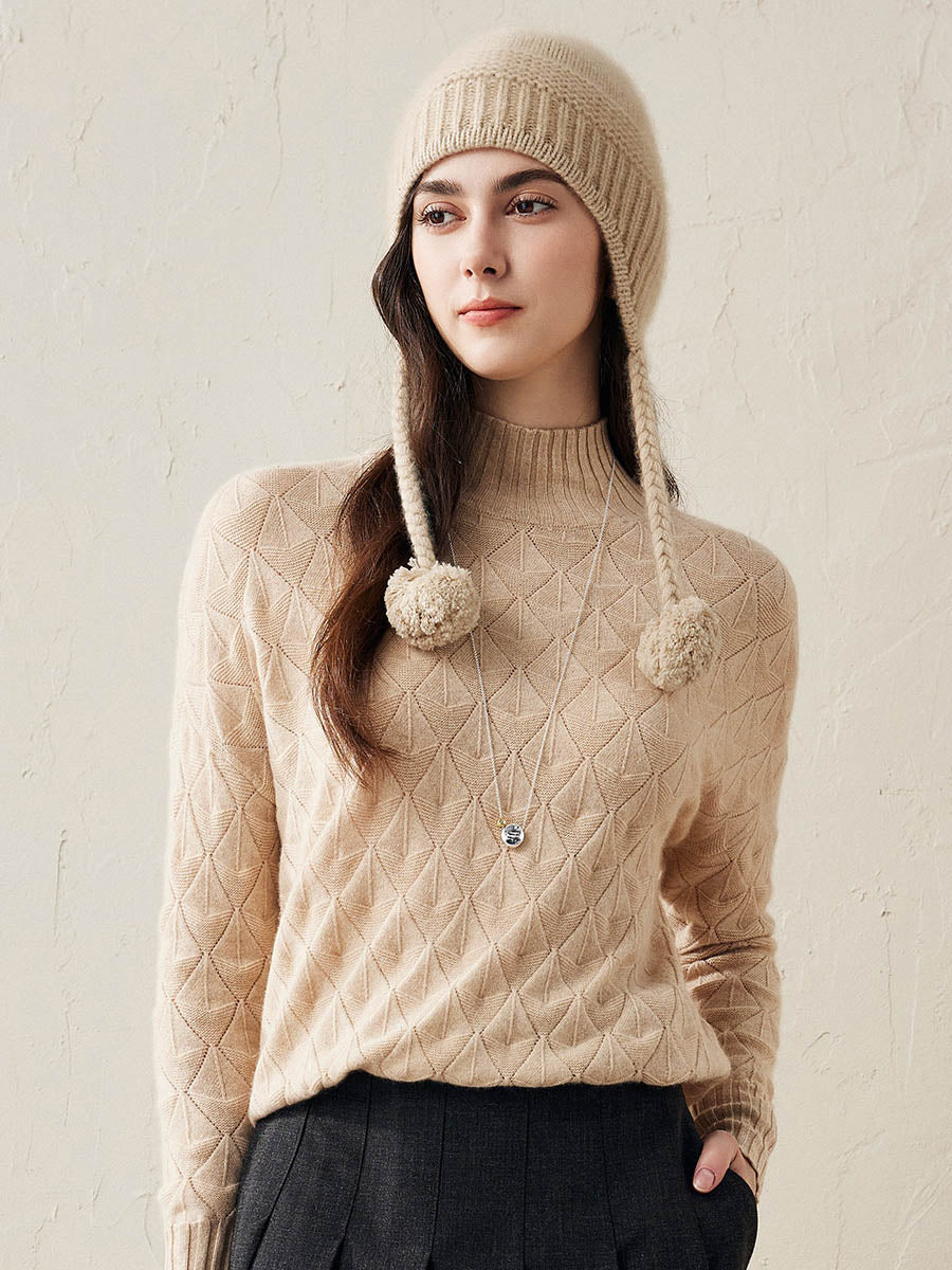 COMOBOCA 100% Cashmere Women's Ear Flap Beanie with Pom-Poms