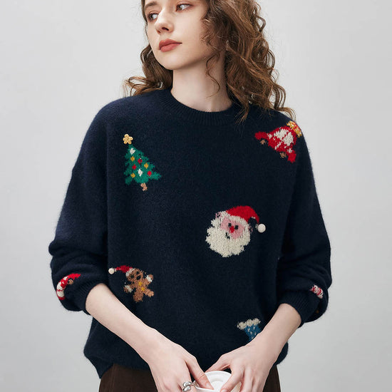 COMOBOCA Women's Wool Christmas Themed Round Neck Sweater