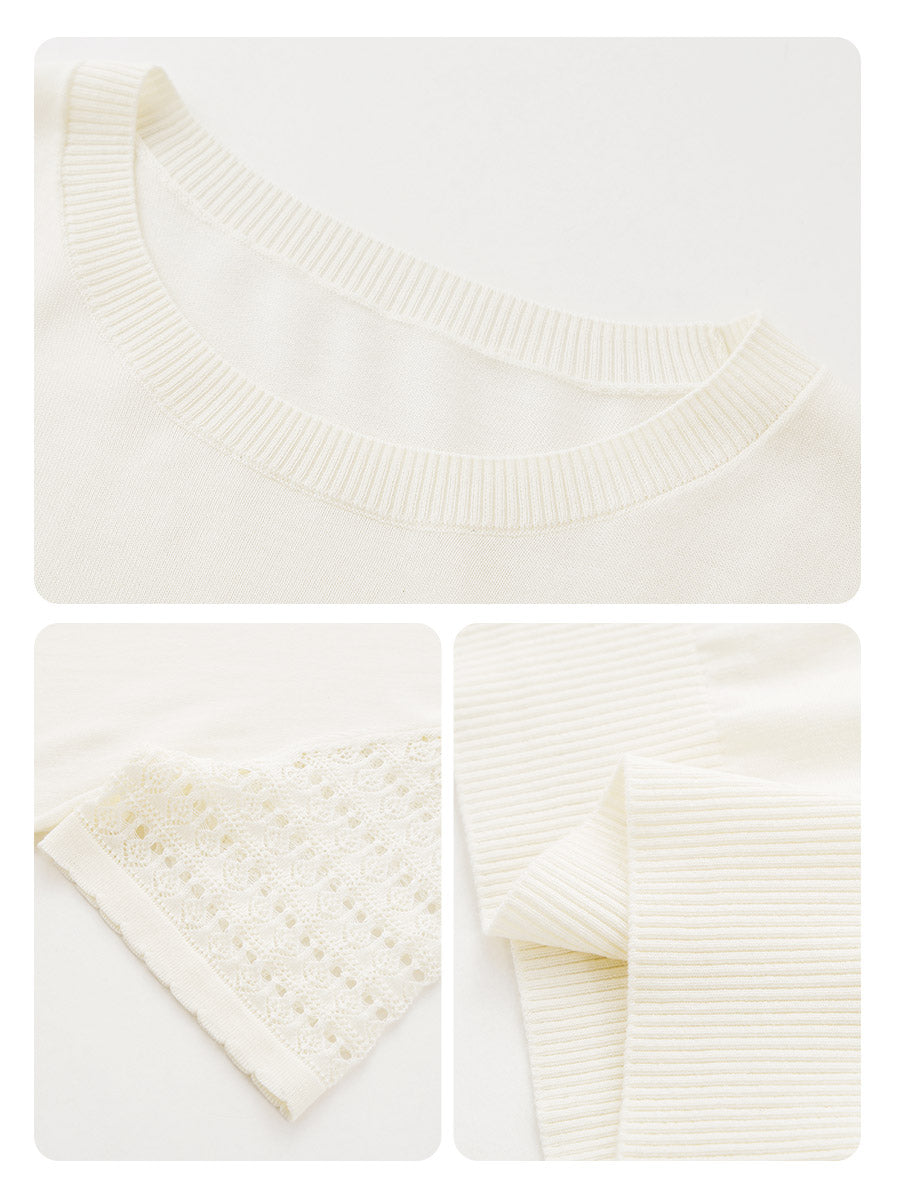COMOBOCA Women's Lace Round Neck Knit T-Shirt