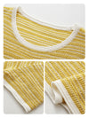 Women’s Round-Neck Linen Blend Dopamine Striped Knit Short Sleeve Top with Contrast Trim