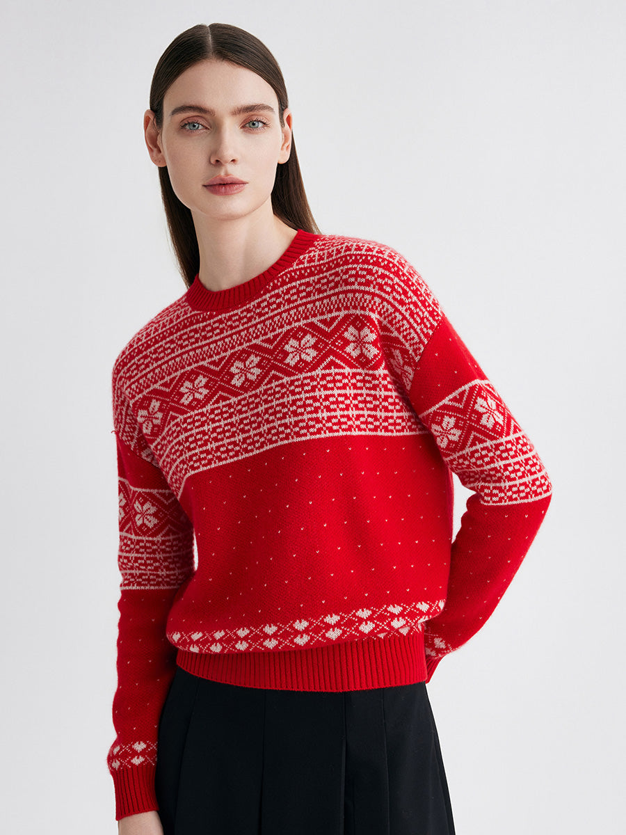 COMOBOCA 100% Cashmere Women's Fair Isle Snowflake Sweater