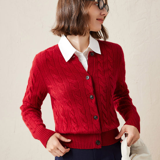 COMOBOCA Red 100% Cashmere Women's Cable Knit Button Cardigan