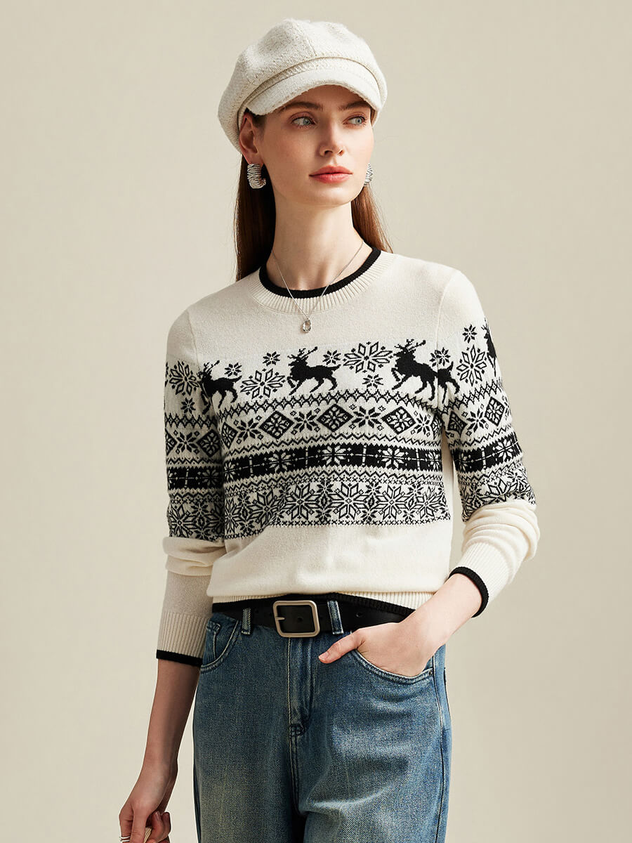 COMOBOCA 100% Cashmere Women's Nordic Reindeer Knit Sweater